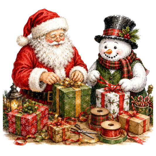santa claus, snowman, christmas, holiday, red, white, green, gold, festive, winter, gifts, presents, traditional, whimsical, vintage, nostalgic, seasonal, decorative, children's, family-friendly, classic christmas, jolly, cheerful, ribbon, bows, lantern, candy canes, plaid, tartan