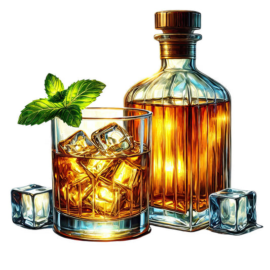 amber, bourbon, whiskey, cocktail, liquor, spirits, bar decor, gold, golden brown, deep brown, cognac, brandy, ice cubes, mint leaves, elegant, sophisticated, luxury, adult beverage, home bar, themed, realistic, illustration, botanical, ice, drink glasses, bottle, decorative, upscale style, entertaining