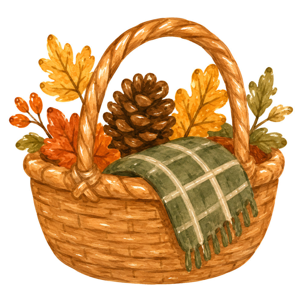 autumn basket, fall harvest, woven basket, plaid blanket, pinecone, golden yellow, burnt orange, forest green, sage green, tan, brown, rustic, farmhouse, nature, harvest theme, thanksgiving, autumn leaves, seasonal, cozy, traditional, country, natural fibers, woven texture, tartan plaid, fall decorations, home decor, table runner, wall hanging, seasonal decor