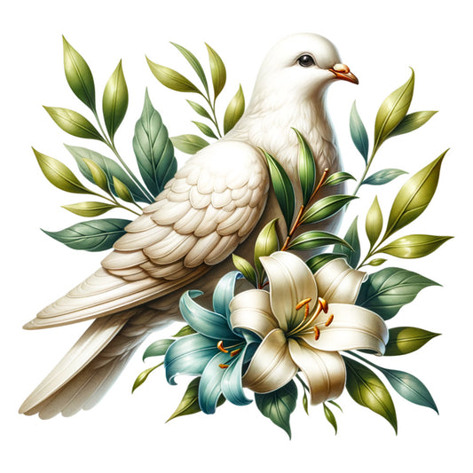 watercolor, dove, white bird, peace symbol, lily flower, green leaves, botanical, soft pastels, cream colors, sage green, easter theme, christian symbolism, fabric panel, quilting cotton, delicate artwork, floral arrangement, serene mood, springtime, religious motif, gentle illustration