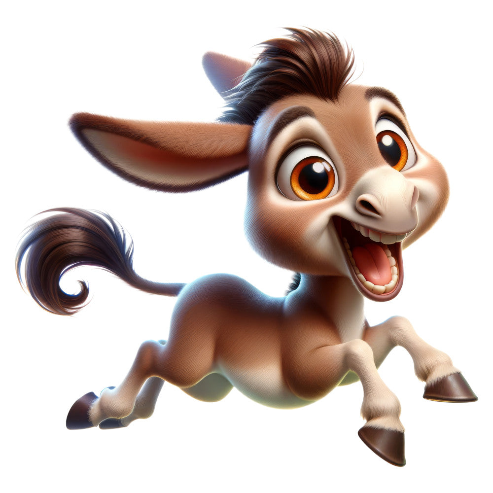 cartoon donkey, brown, tan, cream, white, gold eyes, animated animal, playful, whimsical, children's, kid-friendly, fun character, smiling donkey, expressive eyes, cheerful, bright, cute animal, baby, nursery, storybook, illustrated, cartoon style, character panel, animal lover, colorful, happy expression, curly tail