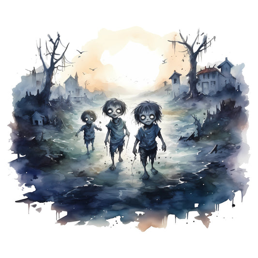 dark fantasy, zombie children, haunted village, spooky, gothic, halloween, eerie, supernatural, watercolor, navy blue, slate gray, dusty cream, muted tones, whimsical dark, moody atmospheric, undead, creepy characters, abandoned houses, bare trees, horror theme, twisted branches, glowing eyes, dark whimsy, gothic children, paranormal, wall hanging, art panel, storybook illustration, autumn dark, mysterious theme
