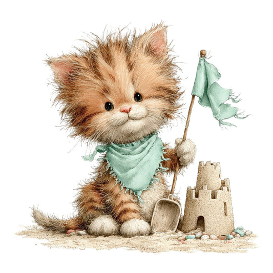 adorable cat, beach theme, brown and white, bucket and shovel, castle, cute animal, earth tones, ginger cat, green flag, kitten, light green, pale green, sand castle, sandy beach, seafoam green, shell, summer, tan, whimsical, children's theme, beach bucket, playful, soft pastels, coastal, seaside, fluffy cat, striped flag, decorative flag