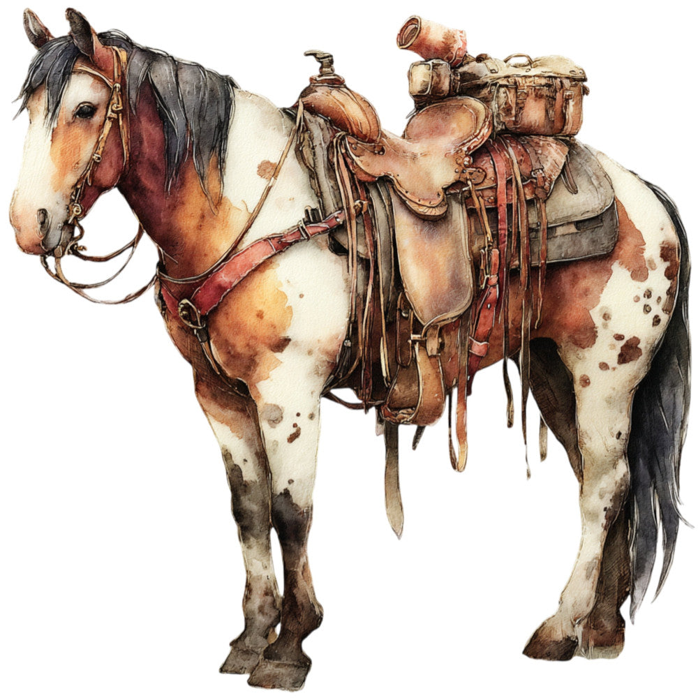 saddle horse, western wear, cowboy, equestrian, ranch, leather saddle, brown, tan, cream, rust, burnt sienna, burgundy, vintage western, rustic, farmhouse, country, traditional, working horse, pack horse, trail riding, adventure, outdoor, masculine, western style, heritage, americana, nostalgic, detailed illustration