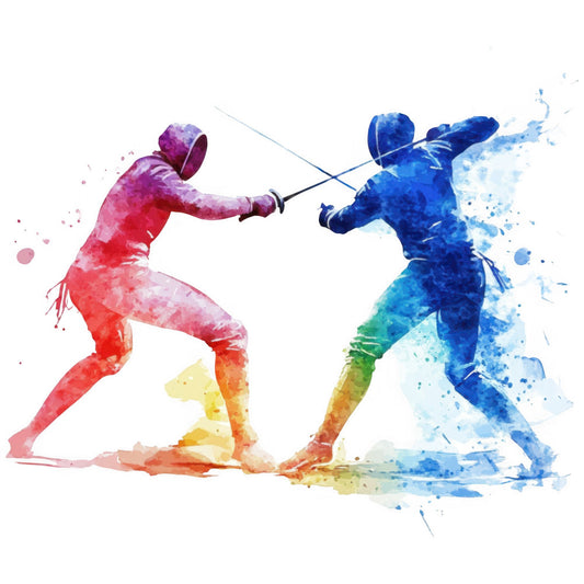 fencing, watercolor, abstract, sport, athletic, dynamic, action, modern, contemporary, red, pink, magenta, blue, navy blue, cyan, yellow, orange, gradient, splatter, ink wash, artistic, energetic, competitive, dueling, silhouette, figure, human form, colorful, vibrant, paint splash