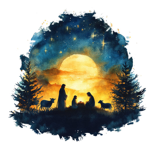 nativity, celestial, starry night, gold, yellow, navy blue, deep blue, dark teal, winter, christmas, religious, spiritual, silhouette, animals, sheep, lambs, figures, night sky, stars, moon, peaceful, serene, rustic, traditional, nativity scene, baby jesus, holiday, sacred, starlit, watercolor