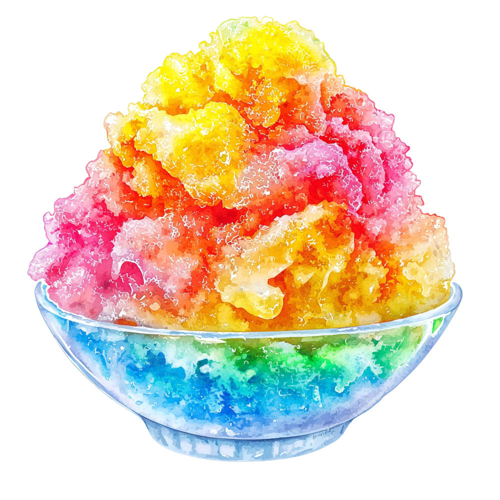 shaved ice, snow cone, rainbow colors, tropical treat, bright yellow, hot pink, orange, blue, green, red, icy texture, summer dessert, hawaiian theme, tropical paradise, watercolor style, food illustration, refreshing, colorful syrup, glass bowl, frozen dessert, fabric panel, quilting cotton