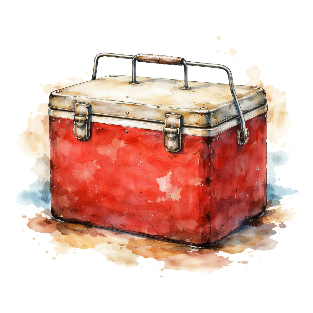 red, cream, tan, beige, vintage, rustic, retro, suitcase, travel, luggage, antique, nostalgic, steampunk, storage, cottage core, farmhouse, weathered, distressed, watercolor, illustration, novelty, whimsical, adventure, journey, classic, traditional, steamer trunk, old-fashioned, heritage