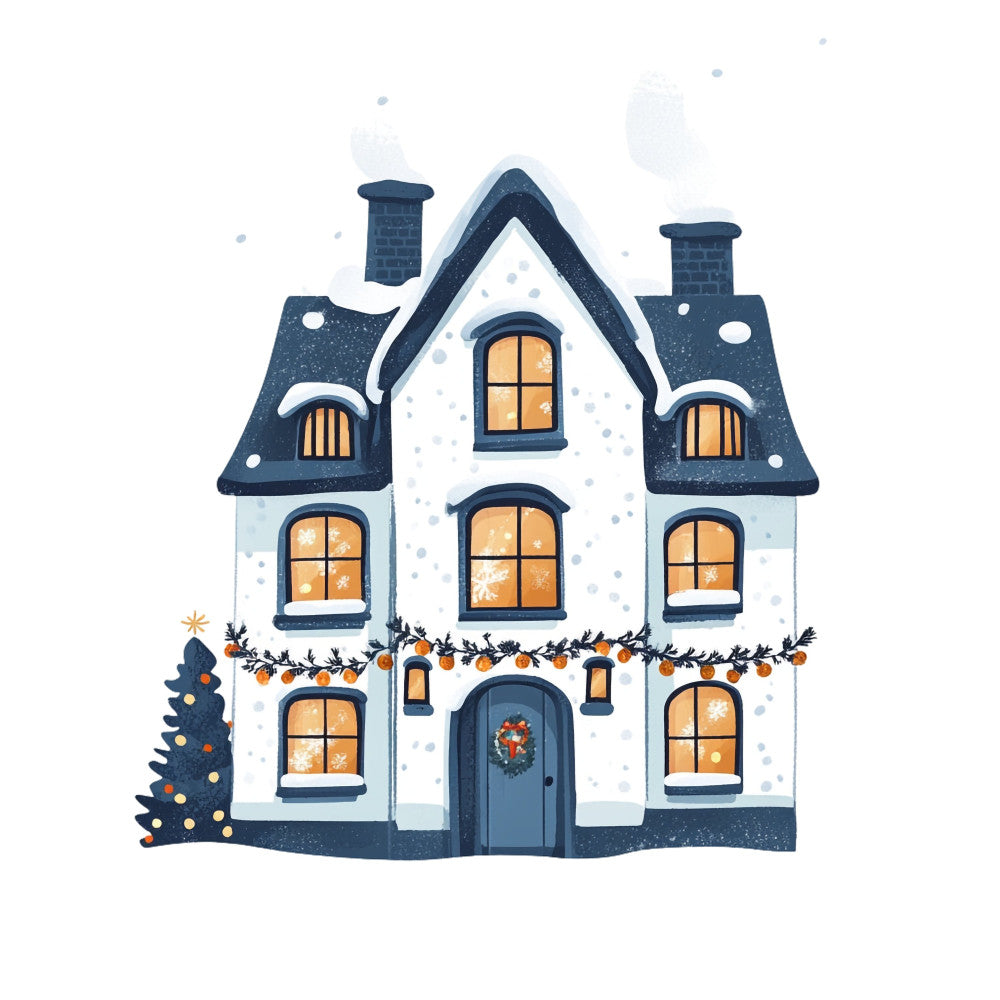 winter house, snowy cottage, christmas village, holiday home, navy blue, cream white, golden yellow, orange accents, dark blue roof, gingerbread house, festive decoration, winter scene, snow covered, lit windows, chimney, wreath door, garland swag, decorative tree, winter holiday, seasonal decor, cozy cottage, traditional christmas, vintage winter, whimsical design, nostalgic, festive theme, christmas panel, holiday fabric, winter wall hanging, seasonal quilt