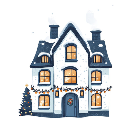 winter house, snowy cottage, christmas village, holiday home, navy blue, cream white, golden yellow, orange accents, dark blue roof, gingerbread house, festive decoration, winter scene, snow covered, lit windows, chimney, wreath door, garland swag, decorative tree, winter holiday, seasonal decor, cozy cottage, traditional christmas, vintage winter, whimsical design, nostalgic, festive theme, christmas panel, holiday fabric, winter wall hanging, seasonal quilt