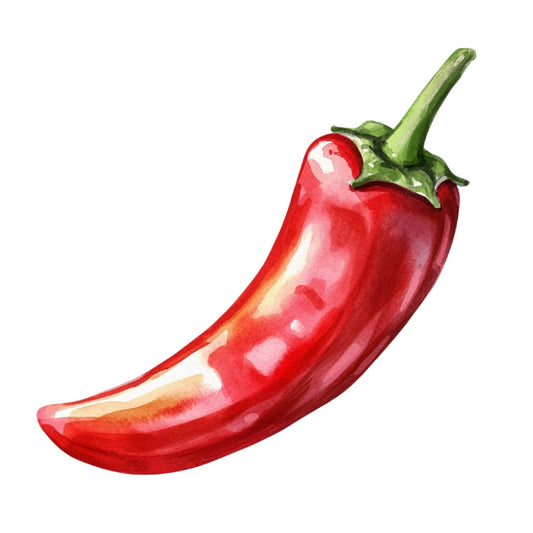 red pepper, chili pepper, bright red, vibrant red, green stem, food illustration, vegetable print, kitchen theme, farmhouse style, rustic, botanical, garden theme, produce, farmers market, culinary, cooking theme, recipe, spice, hot pepper, realistic illustration, watercolor style, food art, kitchen decor, home cooking, farm to table, harvest, summer, natural elements, organic, fresh produce