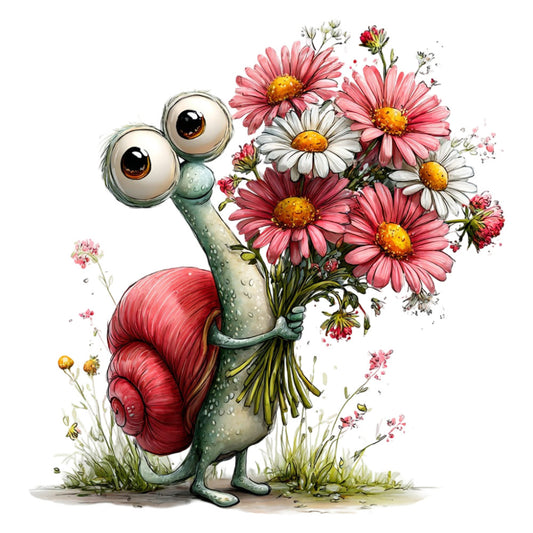 whimsical snail, coral pink, cream white, sage green, yellow gold, floral bouquet, garden flowers, daisies, nature, animals, cute creatures, children's fabric, playful, charming, illustrated, watercolor style, spring, summer, garden theme, botanical, flower lover, kids quilt, nursery, baby fabric, decorative panel, quirky characters, enchanted garden, fairy tale, storybook style