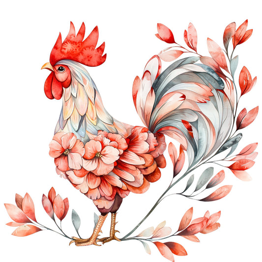 coral, peach, red, gray, watercolor style, rooster, floral design, botanical elements, spring flowers, decorative feathers, fabric panel, quilting cotton, artistic illustration, nature motif, farmhouse theme, soft pastels, flowing tail feathers, delicate petals, whimsical art, countryside charm