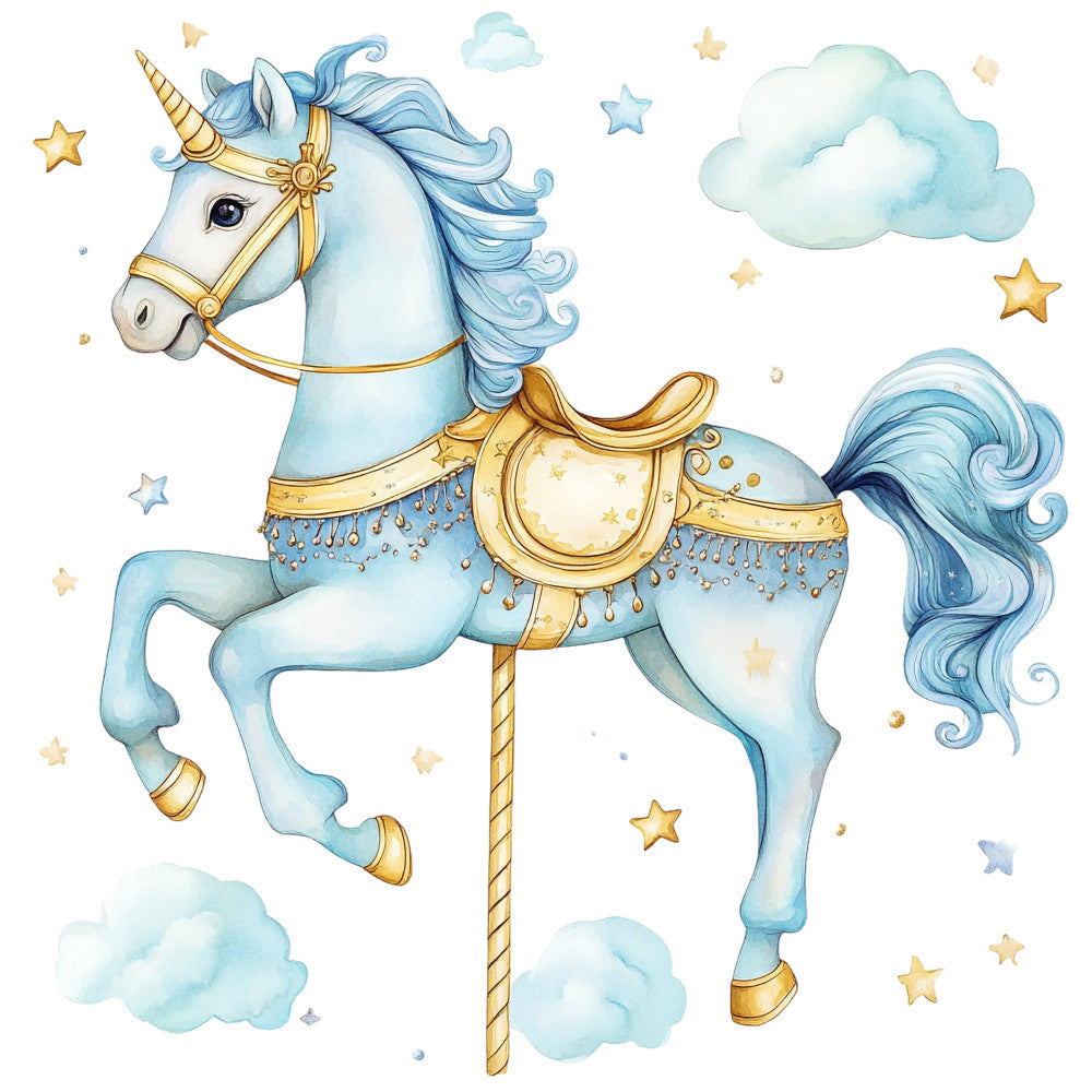 light blue, pale blue, gold, cream, white, pastel colors, soft colors, unicorn, carousel horse, whimsical, magical, celestial, stars, clouds, dreamy, fantasy, children, kids, baby, nursery, girl, princess, soft style, watercolor, delicate, elegant, magical creatures, merry-go-round