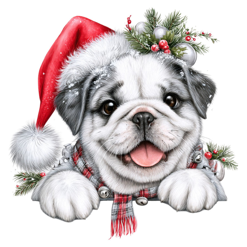 christmas, holiday, dog, bulldog, festive, red, white, gray, silver, plaid, tartan, evergreen, pine, berries, ornaments, bells, santa hat, seasonal, winter, cute, whimsical, playful, joyful, decorative, pet, animal, festive cheer, yuletide, holly, gift-giving
