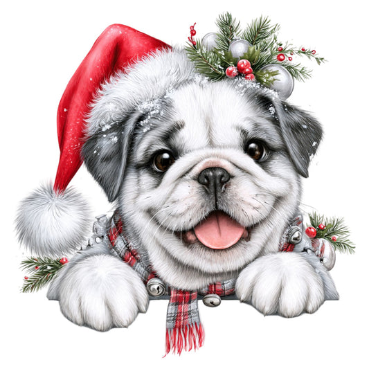 christmas, holiday, dog, bulldog, festive, red, white, gray, silver, plaid, tartan, evergreen, pine, berries, ornaments, bells, santa hat, seasonal, winter, cute, whimsical, playful, joyful, decorative, pet, animal, festive cheer, yuletide, holly, gift-giving