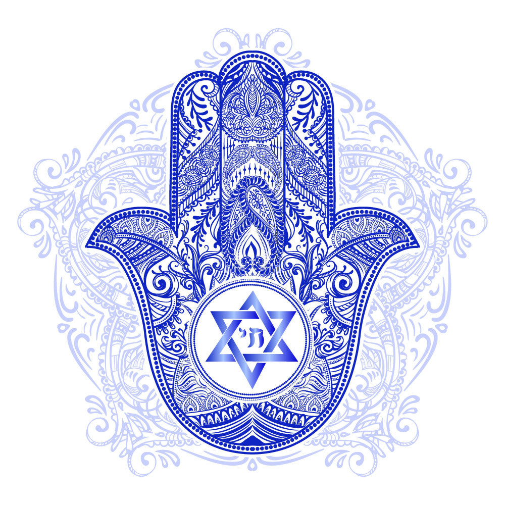 navy blue, periwinkle blue, white, star of david, hamsa hand, jewish, hebrew, spiritual, religious, mandala, ornamental, intricate, elegant, traditional, bohemian, geometric, symmetrical, detailed, ornate, protective symbol, cultural, faith-based, wall hanging, meditation, zen, decorative, sacred geometry, blue and white