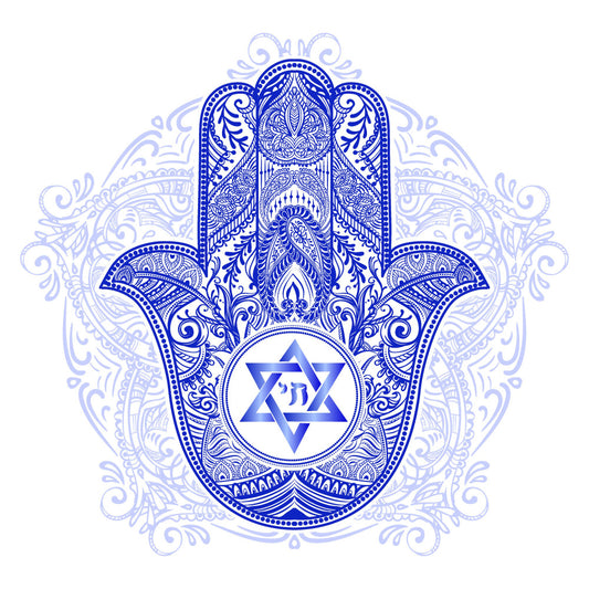 navy blue, periwinkle blue, white, star of david, hamsa hand, jewish, hebrew, spiritual, religious, mandala, ornamental, intricate, elegant, traditional, bohemian, geometric, symmetrical, detailed, ornate, protective symbol, cultural, faith-based, wall hanging, meditation, zen, decorative, sacred geometry, blue and white