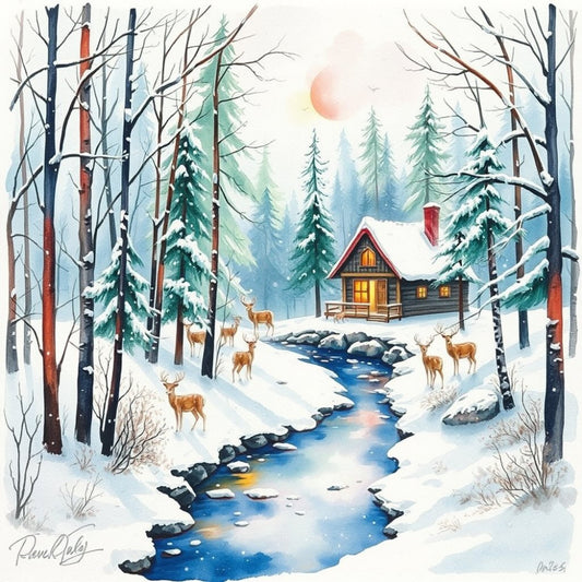 winter landscape, snow scene, forest cabin, deer, wildlife, evergreen trees, pine trees, snowy woodland, cozy cottage, winter holiday, christmas, cabin core, rustic lodge, blue stream, frozen creek, warm cabin lights, red roof, golden windows, deer herd, nature scene, winter pastoral, landscape, forest animals, festive winter, wintery, cool blue, forest green, cream white, warm gold, red accents