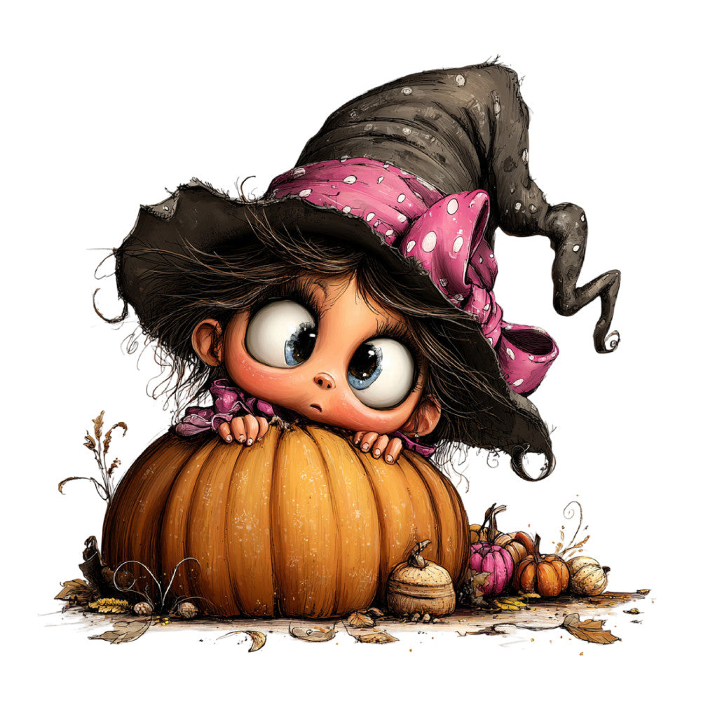 autumn, fall, halloween, pumpkin, witch hat, whimsical, charming, cute, children's, kids, orange, burnt orange, hot pink, magenta, black, brown, tan, cheerful, playful, seasonal, harvest, cottage core, fairy tale, storybook, festive, illustrated, character design, autumn harvest, nature inspired