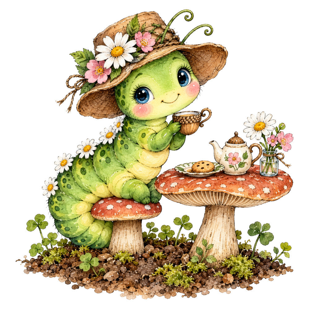 lime green, cream white, coral red, soft pink, sage green, yellow, charcoal brown, caterpillar, whimsical, nature, garden, insects, flowers, daisies, mushrooms, straw hat, teapot, tea party, spring, summer, children's, cute, storybook, fairy tale, woodland, enchanted forest, bohemian, vintage inspired, decorative panel, wall art