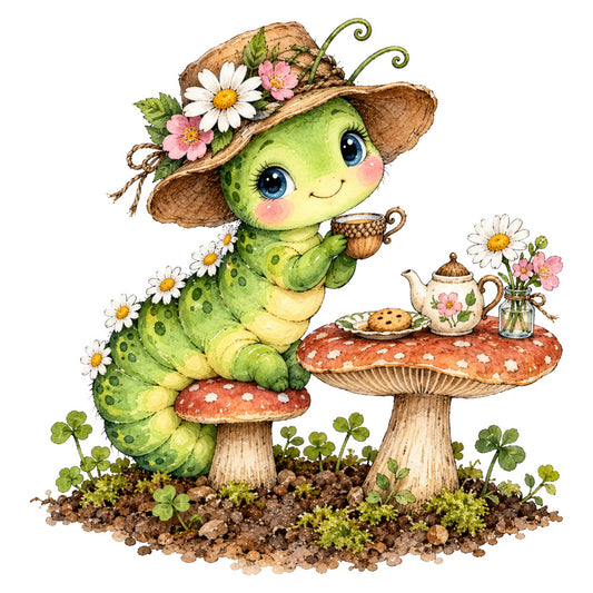lime green, cream white, coral red, soft pink, sage green, yellow, charcoal brown, caterpillar, whimsical, nature, garden, insects, flowers, daisies, mushrooms, straw hat, teapot, tea party, spring, summer, children's, cute, storybook, fairy tale, woodland, enchanted forest, bohemian, vintage inspired, decorative panel, wall art