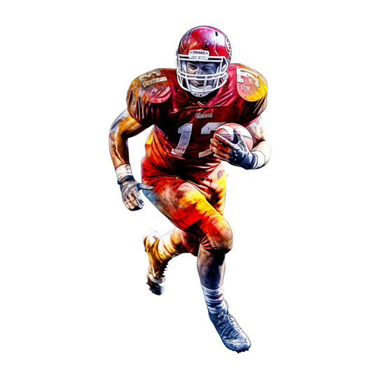 crimson red, gold yellow, burnt orange, deep red, sports themed, football player, athletic wear, action pose, team colors, stadium style, dynamic motion, aggressive stance, masculine, sports fan, game day, touchdown, football uniform, competitive spirit, energetic, bold colors, vibrant design, strength, power, intensity, american football, professional sports, fan apparel, novelty print
