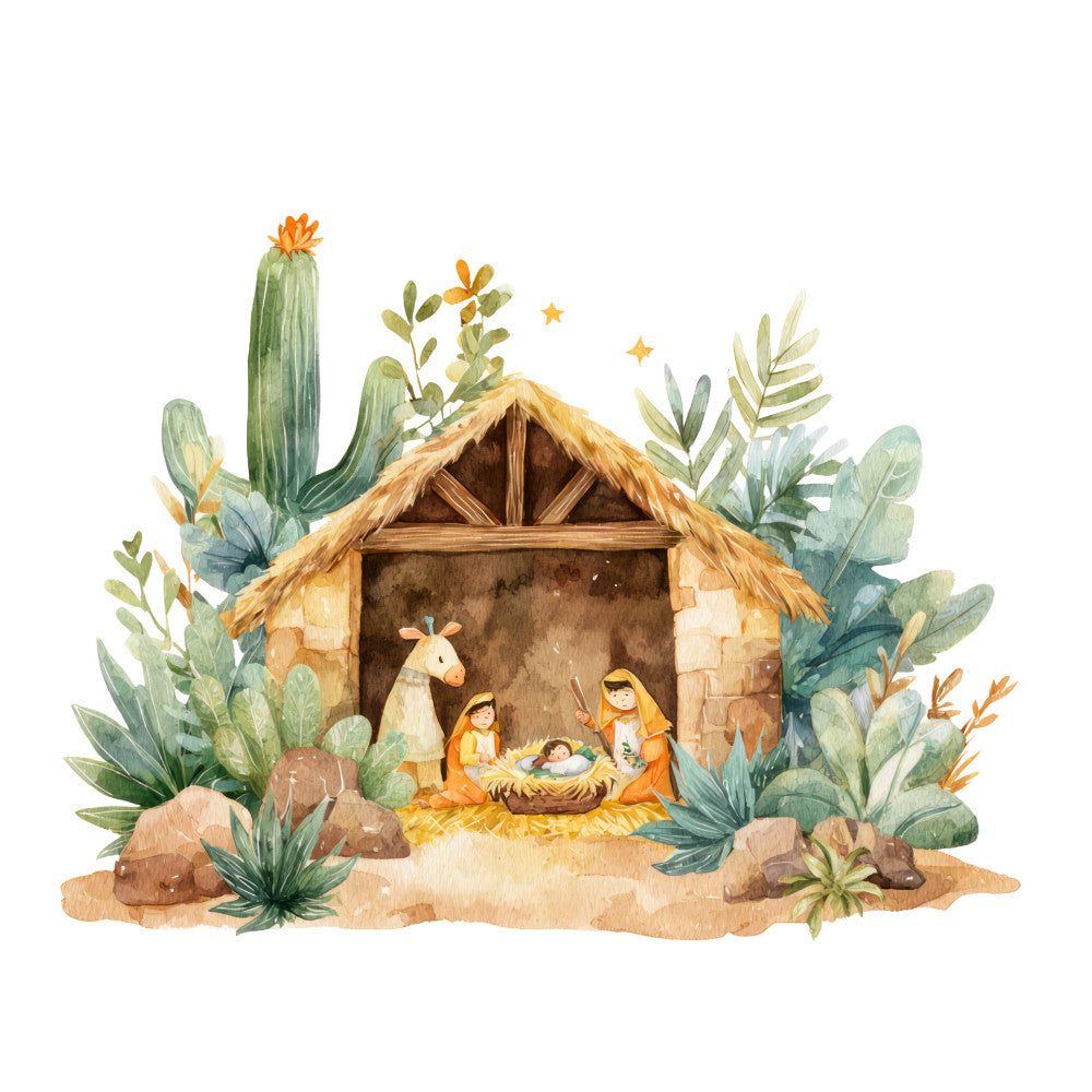 nativity scene, religious, christmas, desert landscape, sage green, tan, cream, golden yellow, orange, earth tones, cactus, succulent plants, donkey, baby jesus, holy family, stars, whimsical, rustic, traditional, spiritual, holiday, winter, manger, southwestern, botanical, animals, nativity manger, faith-inspired, celestial, peaceful