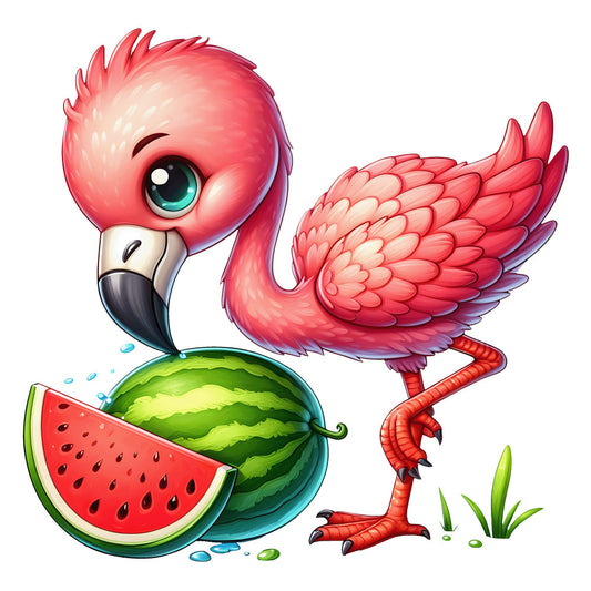 flamingo, watermelon, coral pink, bright green, turquoise eyes, cartoon style, tropical bird, fruit design, summer theme, fabric panel, quilting cotton, whimsical illustration, playful design, children's fabric, nursery decor, vibrant colors, cute animals, tropical fruits, baby flamingo, colorful panel