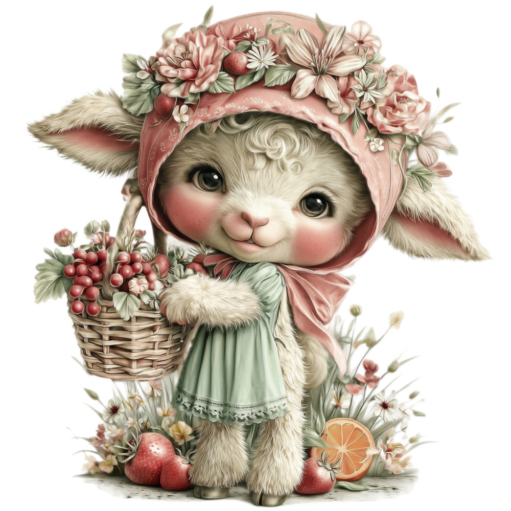 cream white, dusty rose, soft pink, sage green, coral, vintage, whimsical, adorable, cute animals, lamb, sheep, floral, flowers, peonies, daisies, berries, fruit, basket, cottage core, pastoral, farmhouse, spring, easter, baby, children's, nursery, gentle, soft colors, romantic, storybook