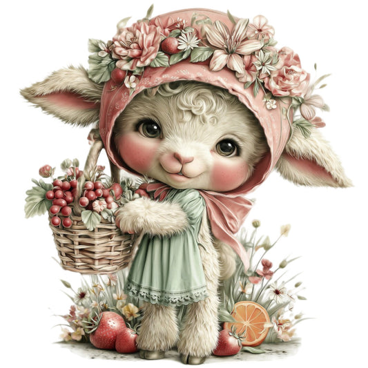 cream white, dusty rose, soft pink, sage green, coral, vintage, whimsical, adorable, cute animals, lamb, sheep, floral, flowers, peonies, daisies, berries, fruit, basket, cottage core, pastoral, farmhouse, spring, easter, baby, children's, nursery, gentle, soft colors, romantic, storybook