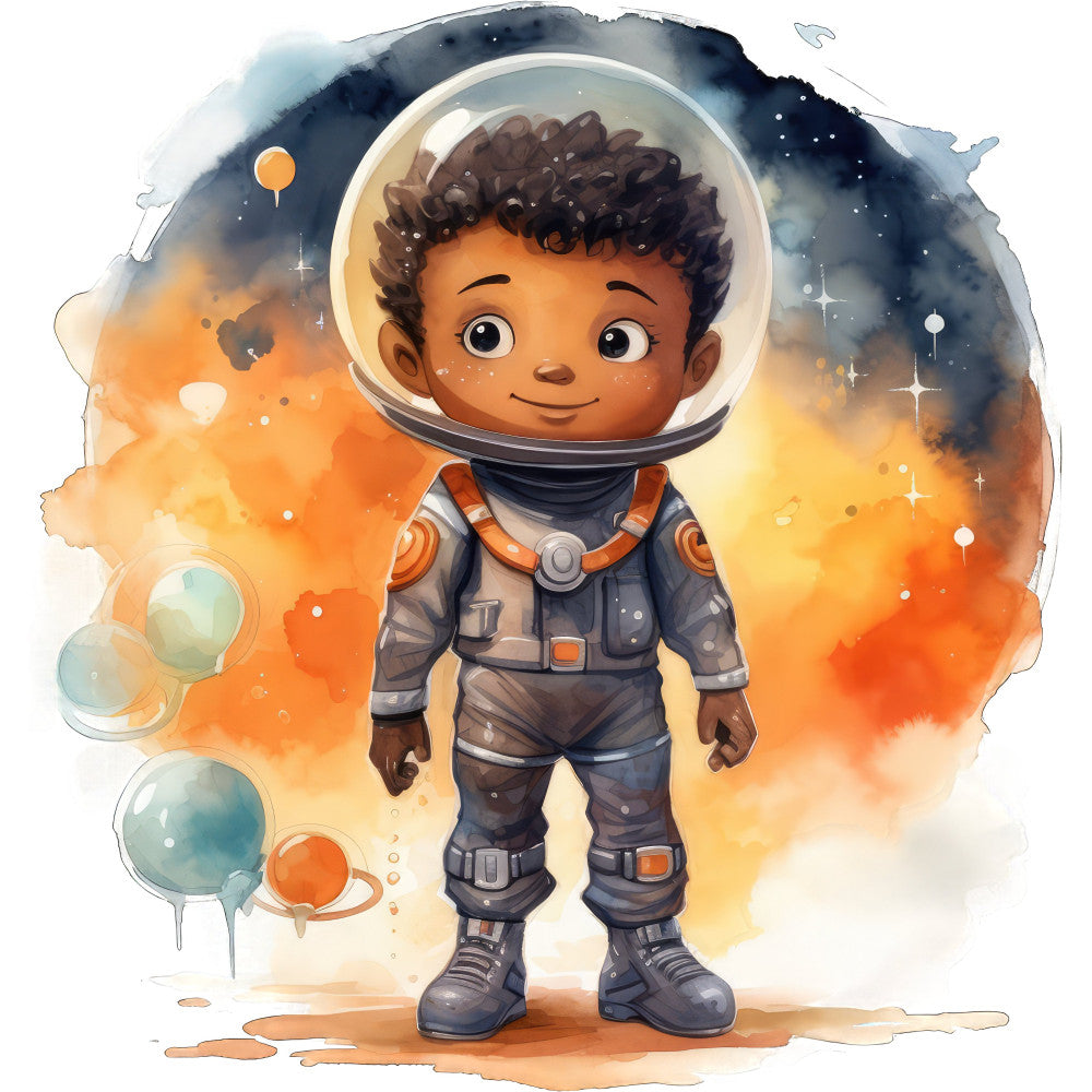 space explorer, astronaut, child astronaut, cosmic, celestial, orange, navy blue, gray, charcoal, warm colors, illustration, whimsical, cute, playful, children's, kid-friendly, space theme, planets, stars, sci-fi, adventure, dreamy, watercolor style, soft colors, nursery, baby quilt, wall hanging, character panel, outer space, rocket ship