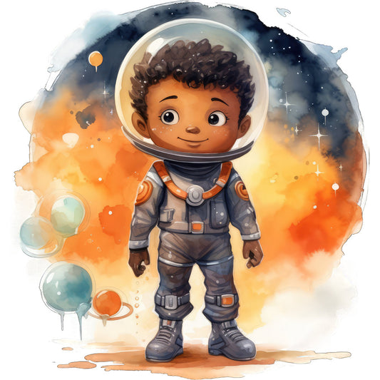 space explorer, astronaut, child astronaut, cosmic, celestial, orange, navy blue, gray, charcoal, warm colors, illustration, whimsical, cute, playful, children's, kid-friendly, space theme, planets, stars, sci-fi, adventure, dreamy, watercolor style, soft colors, nursery, baby quilt, wall hanging, character panel, outer space, rocket ship