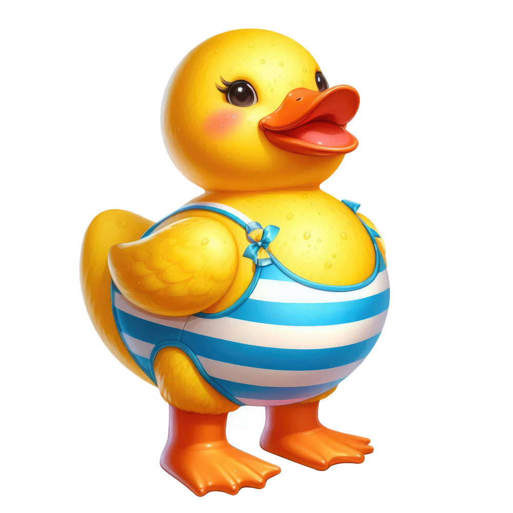 bright yellow, orange, blue and white striped, red-orange, cute duck, whimsical, playful, children's, baby, nautical, swimming theme, cheerful, kawaii, cartoon style, animal motif, bath time, summer, toy-like, decorative, nursery, young child, striped pattern, primary colors, bath duck, adorable, fun and cheerful