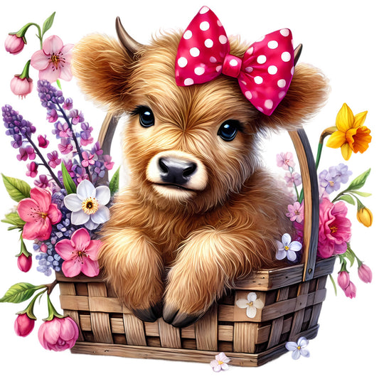 Springtime Highland Cows Fabric Panel 3 featuring an adorable calf with a pink polka dot bow in a flower-filled basket.