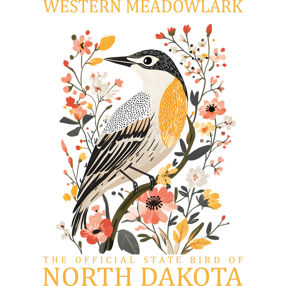 western meadowlark, north dakota, state bird, orange breast, black markings, white belly, floral wreath, coral flowers, yellow accents, botanical design, nature illustration, folk art style, fabric panel, quilting cotton, spring flowers, bird motif, decorative branches, peaceful mood, crafting material, sewing panel