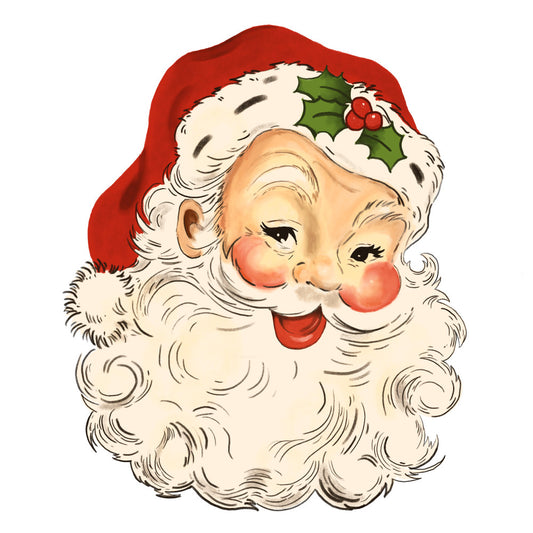vintage santa, santa claus, christmas character, red santa hat, white beard, rosy cheeks, holly leaves, red berries, retro illustration, mid-century style, fabric panel, quilting cotton, holiday fabric, christmas sewing, festive design, red white cream, cheerful expression, winter theme, nostalgic artwork, craft project