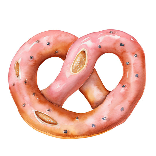 pretzel, food, bakery, kitchen, coral pink, salmon pink, burnt orange, golden brown, cream, whimsical, playful, cute, quirky, fun, novelty, food theme, baked goods, carbs, comfort food, delicious, appetizing, rustic, casual, cheerful, beige accents, dimensional, 3d effect, modern novelty, culinary, foodie