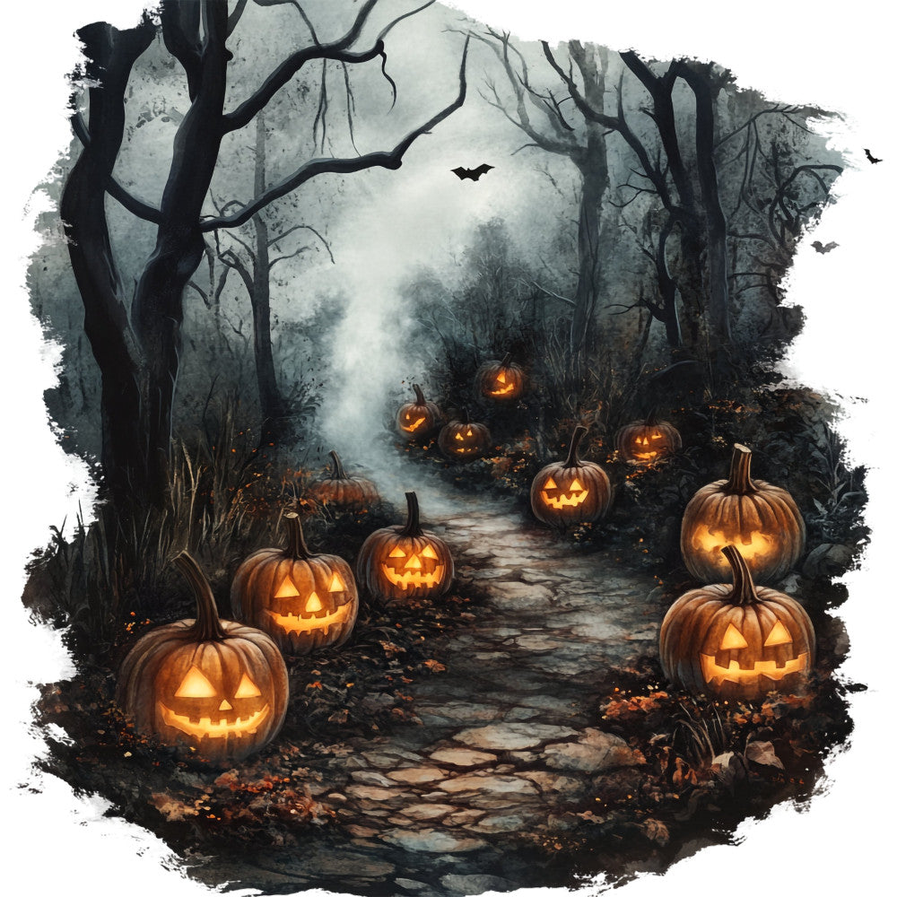 halloween, spooky, jack-o-lantern, pumpkin, pumpkins, jack o lantern, autumn, fall, dark forest, gloomy, moody, bats, haunted, creepy, gothic, horror, black, orange, gray, grey, mist, foggy, misty, jack-o'-lantern faces, spooky forest, halloween decor, dark autumn, gothic aesthetic