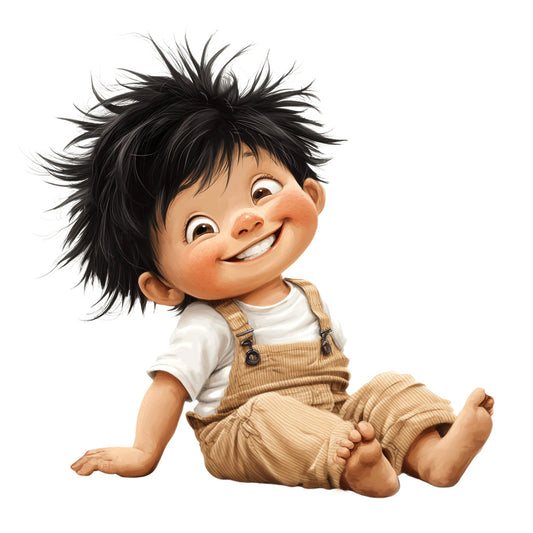 baby, children, cute, whimsical, playful, cheerful, happy, smiling face, character, boy, toddler, infant, nursery, cream, tan, beige, black hair, spiky hair, overalls, vintage style, retro, nostalgic, charming, illustrated, cartoon, storybook, cheerful expression, playful expression, baby quilt, nursery decor