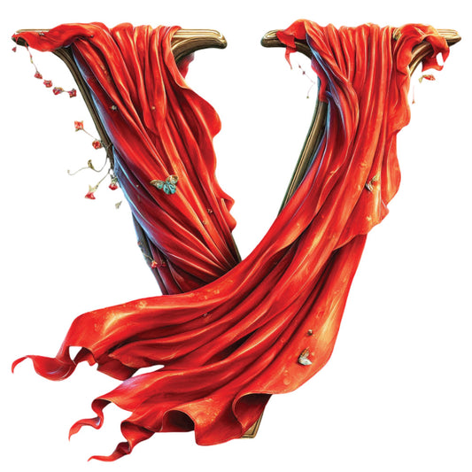 red fabric, crimson red, burnt orange, gold accents, brass hardware, flowing fabric, draped textile, elegant design, luxurious style, theatrical, dramatic folds, rich jewel tones, navy blue undertones, ornate embellishments, decorative elements, butterflies, insects, nature motifs, whimsical, fantasy theme, letter v, typography, literary, sophisticated, upscale, home decor, wall hanging, statement piece