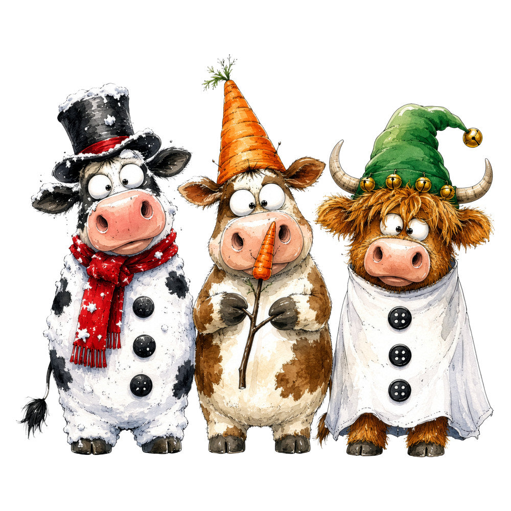 whimsical cows, festive holiday, winter snowman, christmas themed, red scarf, green elf hat, orange carrot nose, black and white cow, brown cow, long horns, holiday animals, farmhouse style, playful characters, cheerful festive, seasonal winter, cream white, forest green, burnt orange, rustic farm animals, character fabric, childrens design, novelty print, holiday decoration, winter celebration, funny animals, cute cows, party hats, whimsy, festive cheer