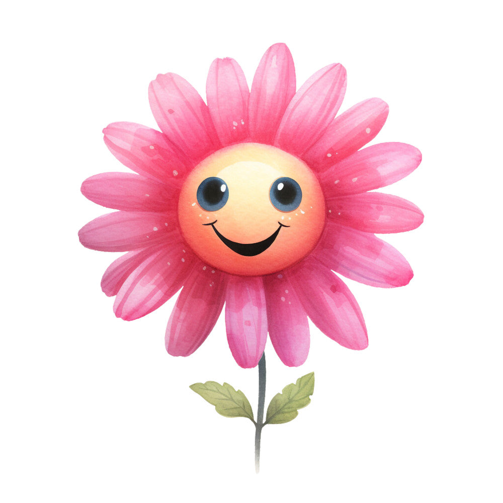 pink flower, smiling face, cartoon character, watercolor style, daisy design, happy expression, bright pink petals, yellow center, green leaves, whimsical art, cheerful mood, children's fabric, cute illustration, floral motif, fabric panel, quilting cotton, spring theme, animated flower, pastel colors, nursery decor