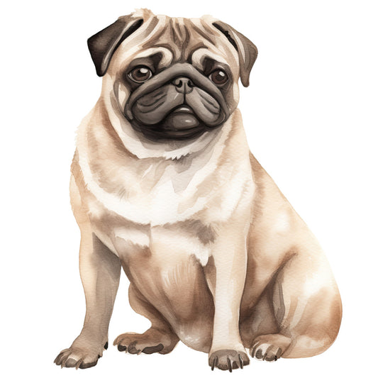 Watercolor Pug Fabric Panel 10 featuring a detailed, soft-colored pug illustration on premium quilting cotton.