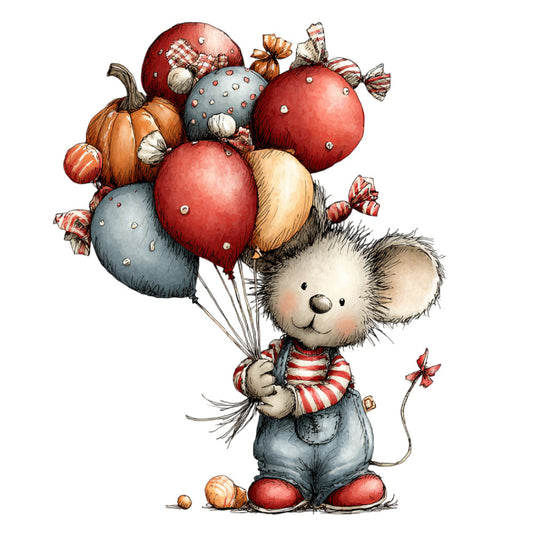 cute mouse, red balloons, autumn, fall, whimsical, children, kids, baby, striped shirt, pumpkin, candy, festive, holiday, charming, playful, cream, red, blue-gray, orange, storybook, illustration, vintage style, sweet, animals, character, decorative, nursery, cheerful