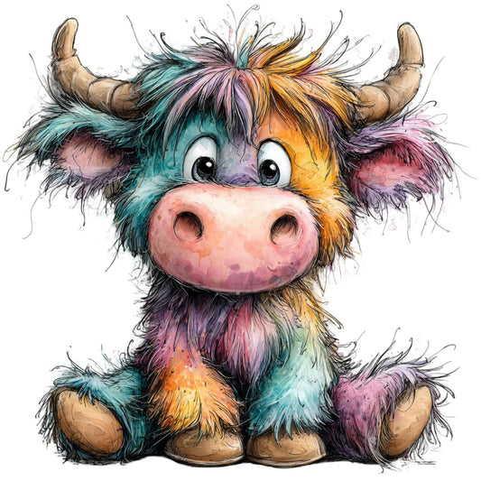 colorful, rainbow, multicolor, turquoise, teal, golden yellow, coral pink, lavender purple, dusty rose, whimsical, cute, playful, animal, cow, highland cattle, bull, horns, silly face, children's, kid-friendly, farm, farmhouse, folk art, artistic, watercolor, paint splatter, expressive eyes, quirky, fun, nursery