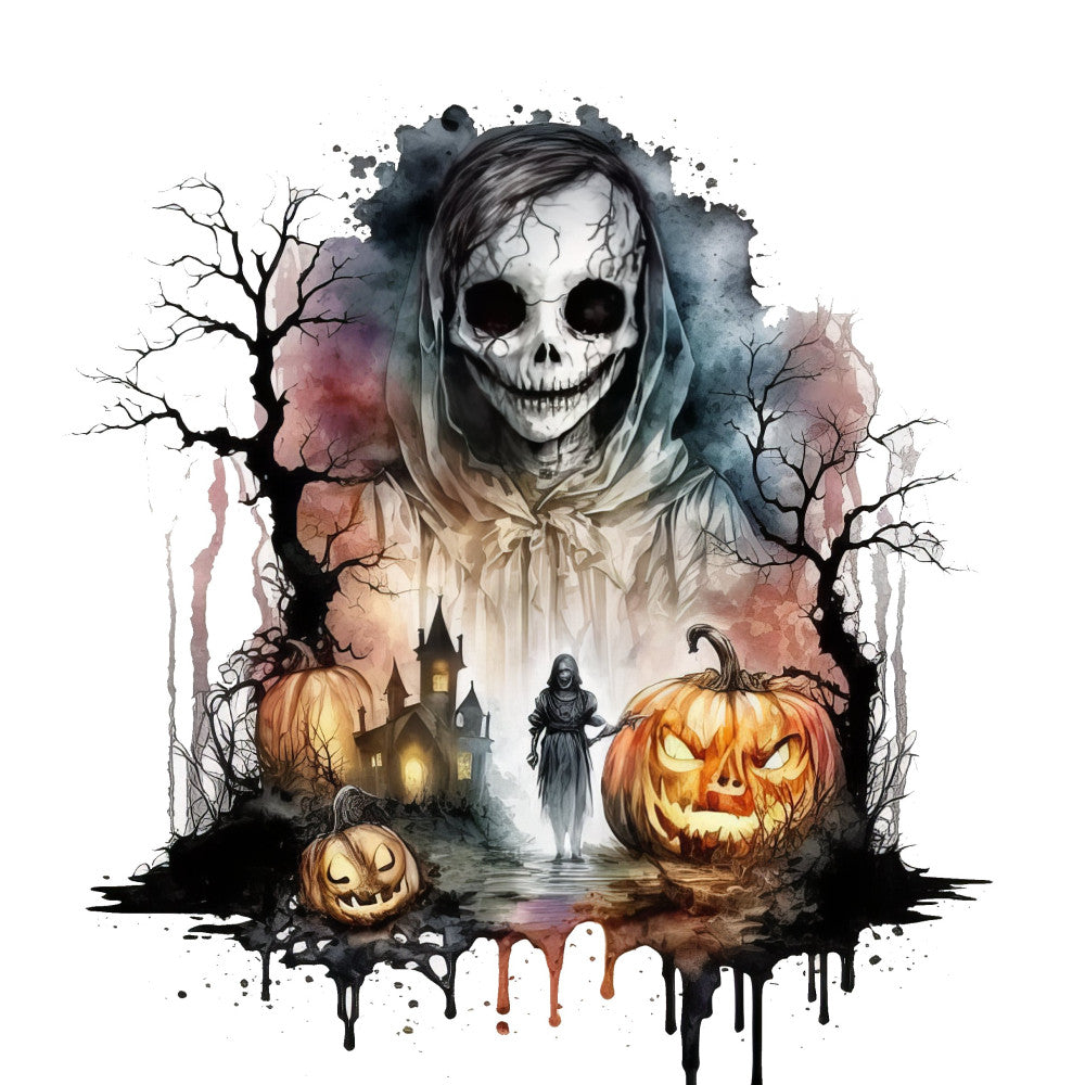 halloween, skull, skeleton, grim reaper, death, spooky, haunted house, jack-o-lantern, pumpkin, creepy, dark, gothic, horror, autumn, fall, black, gray, cream, orange, deep blue, charcoal, rust, muted tones, bare trees, cemetery, eerie, supernatural, festive, seasonal, wall hanging