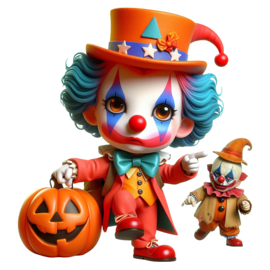 clown, halloween, autumn, fall, orange, red, teal, turquoise, blue, yellow, pumpkin, jack-o-lantern, whimsical, festive, holiday, playful, colorful, carnival, circus theme, jester hat, bow tie, vintage, retro, fun, children, kids, seasonal, trick-or-treat, character panel, novelty print