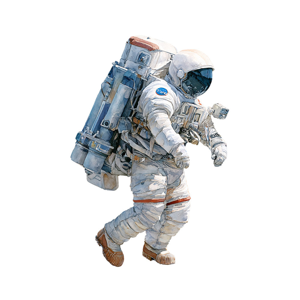 astronaut, space exploration, nasa, outer space, blue, white, gray, grey, silver, metallic, rust, copper, brown, spacewalk, science, stem, educational, adventure, modern, contemporary, masculine, boys, men, science fiction, futuristic, realistic illustration, detailed artwork, wall hanging, quilt panel, novelty print
