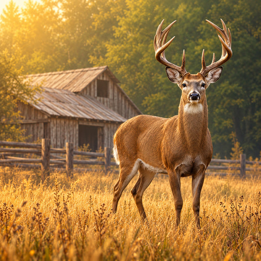 buck, deer, whitetail deer, wildlife, nature, animals, farmhouse, rustic, barn, woodland, forest, golden yellow, warm gold, bronze, cream, earth tones, autumn, fall, countryside, rural, majestic, elegant, scenic landscape, cabin, ranch, male deer, antlers, stag, harvest, natural